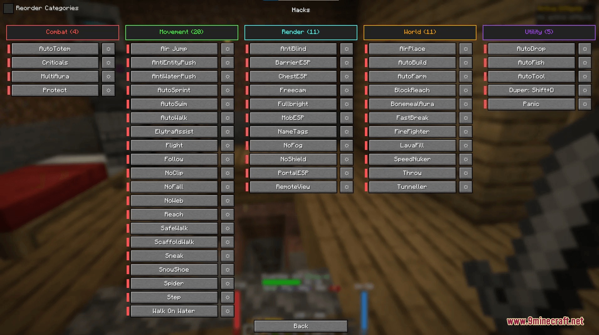 A Minecraft cheat menu interface displaying various combat and movement hack options