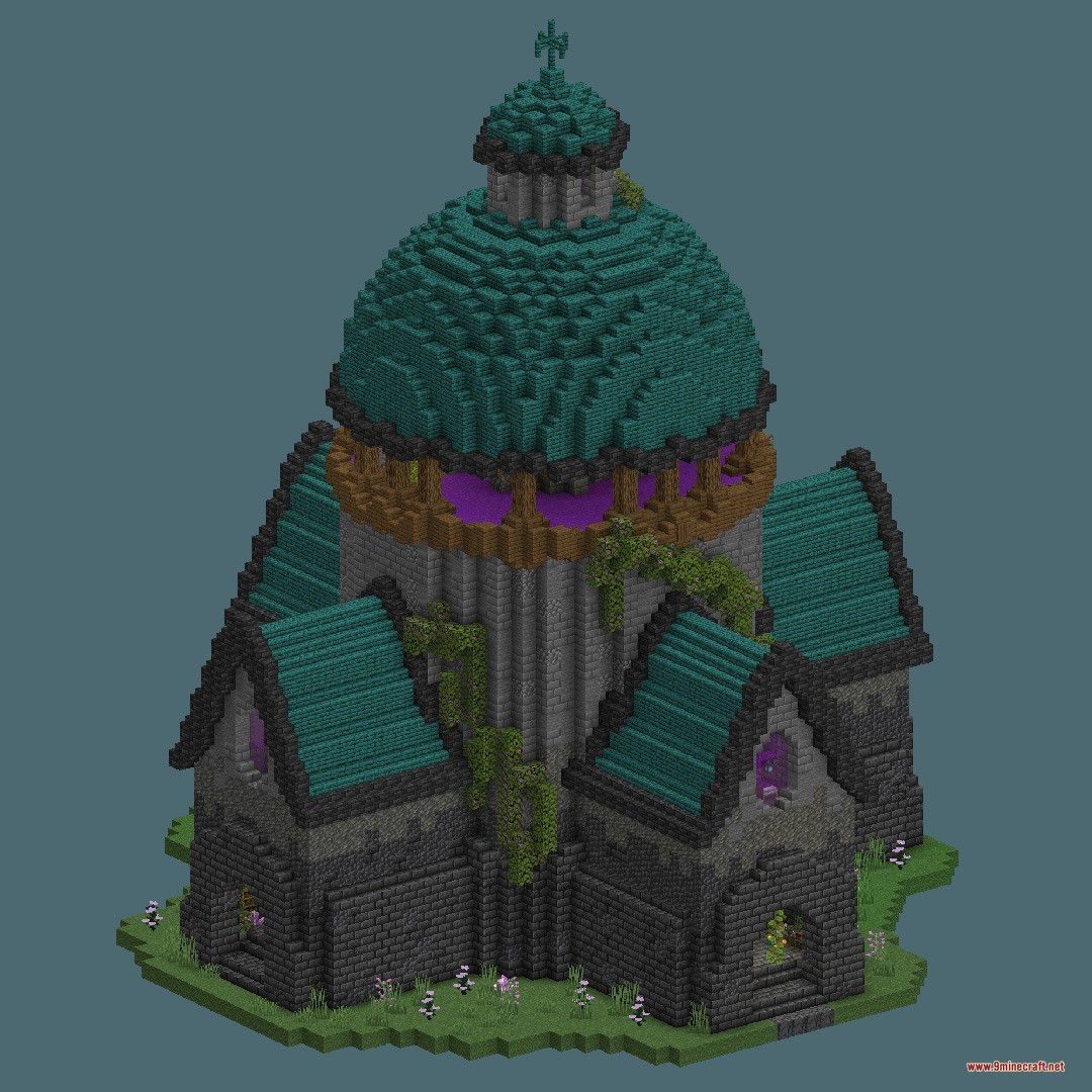 Mages Guild Data Pack Screenshot 1 A large stone Mages Guild building with a teal dome and purple windows