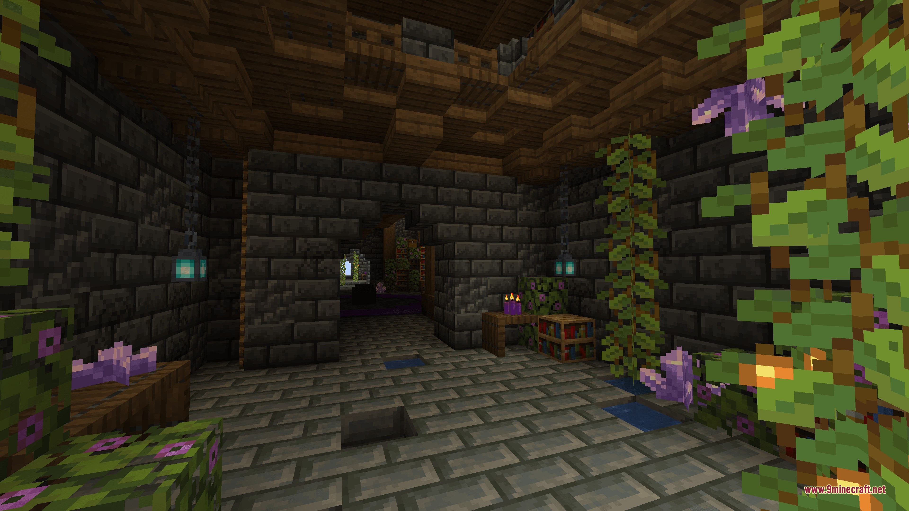 Mages Guild Data Pack Screenshot 2 The interior of a stone building with bookshelves amethyst crystals and lanterns