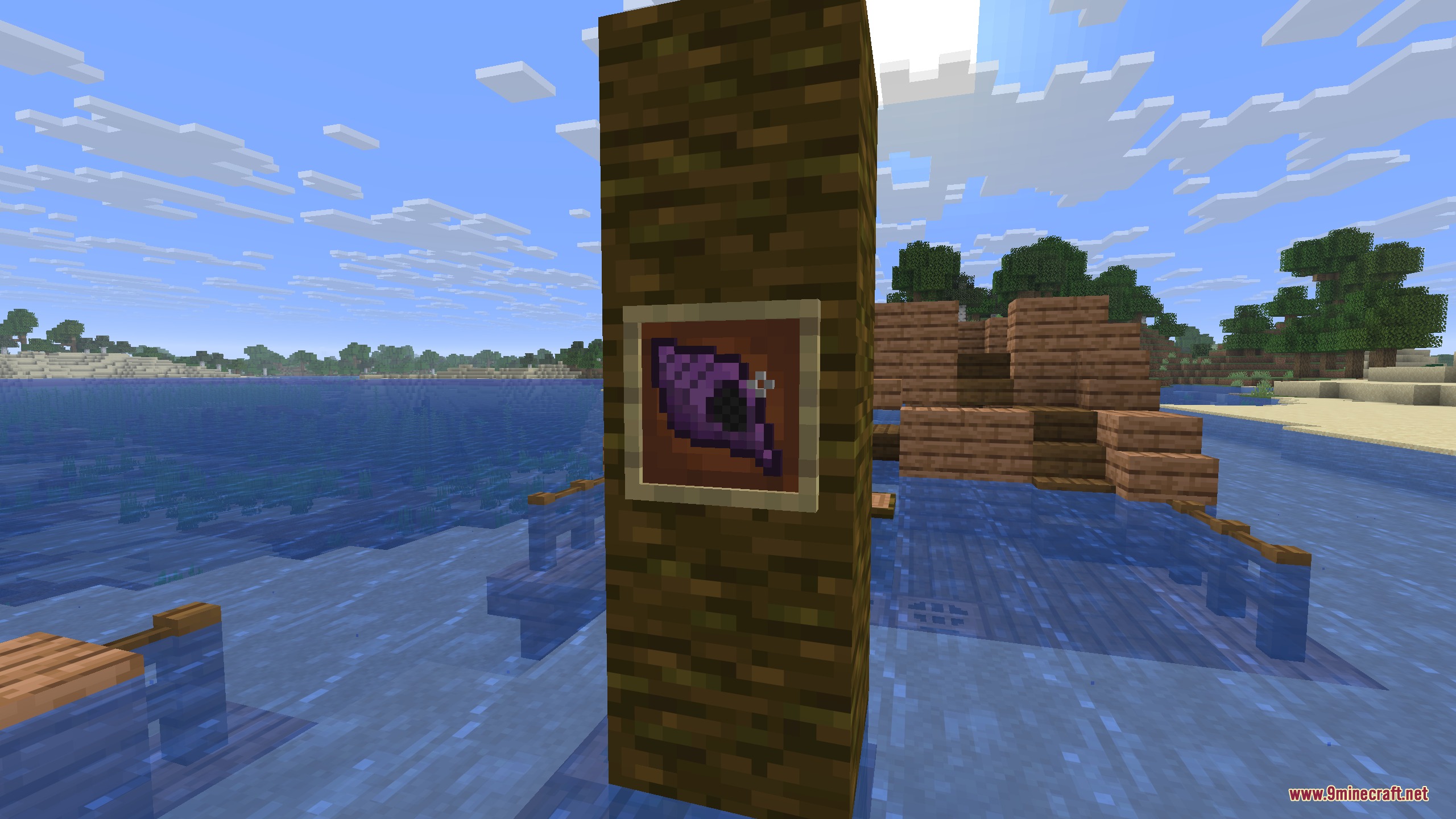 Magic Conch Shell Mod Screenshot 1 A purple Magic Conch Shell displayed in an item frame on a wooden post