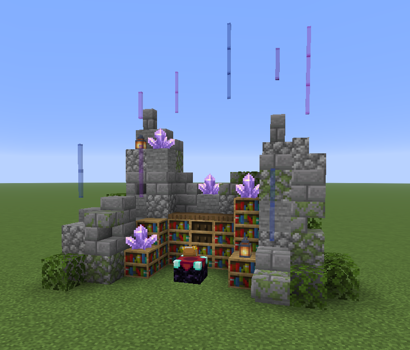 An enchanting table setup surrounded by stone ruins and glowing amethyst crystals