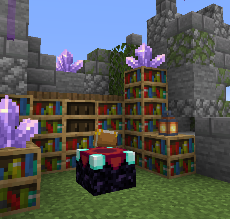 A detailed view of an enchanting table with bookshelves and amethyst clusters