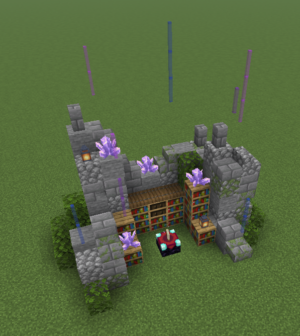 An enchanting table surrounded by bookshelves and stone walls with purple amethyst crystals