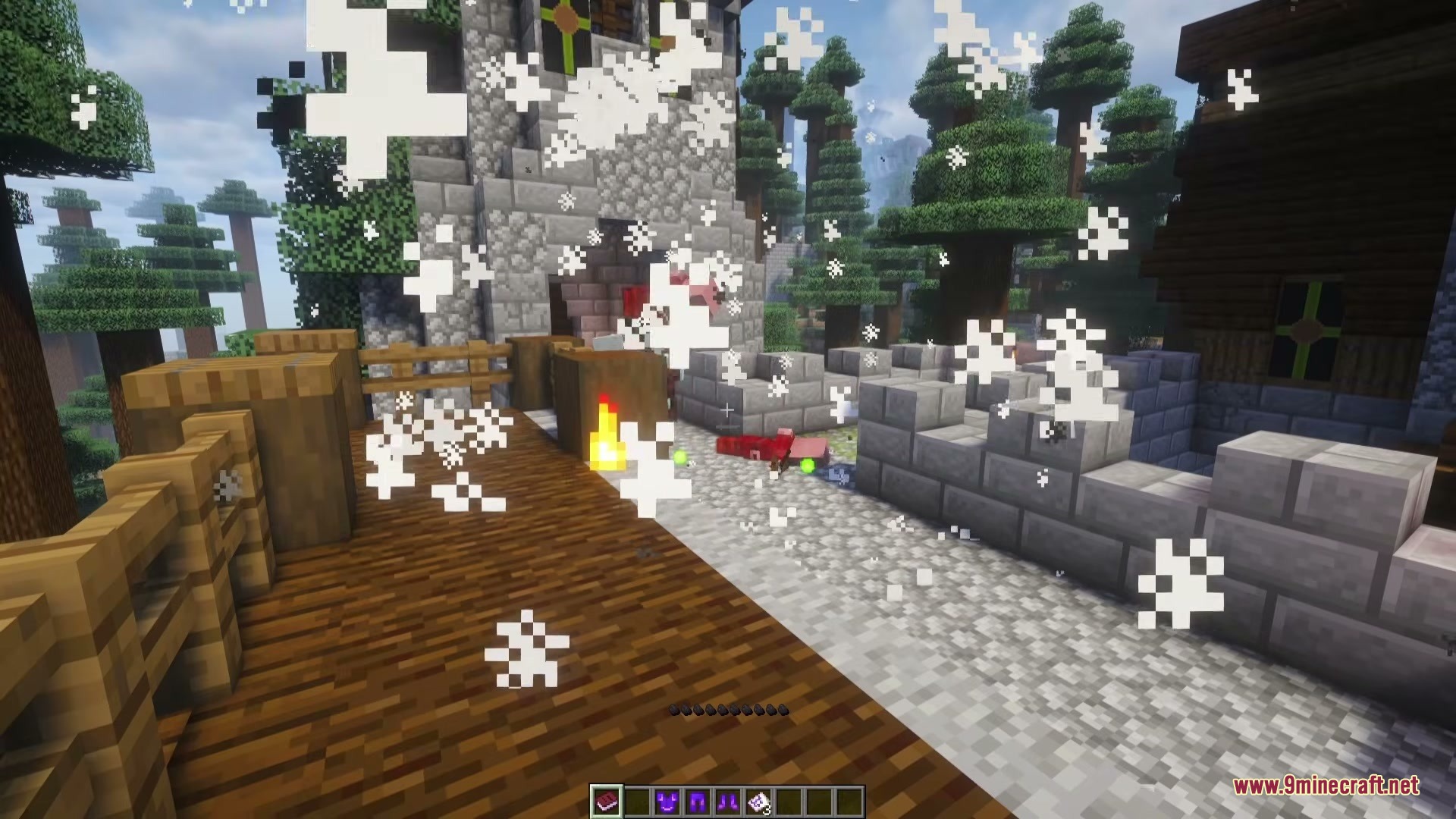 White magic particles float around a player standing on a wooden bridge path
