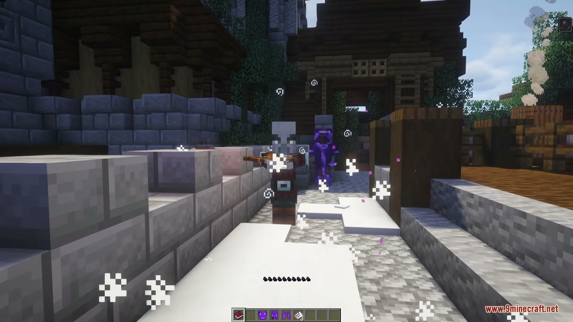 A Pillager aims a crossbow amidst swirling white and purple magical particle effects