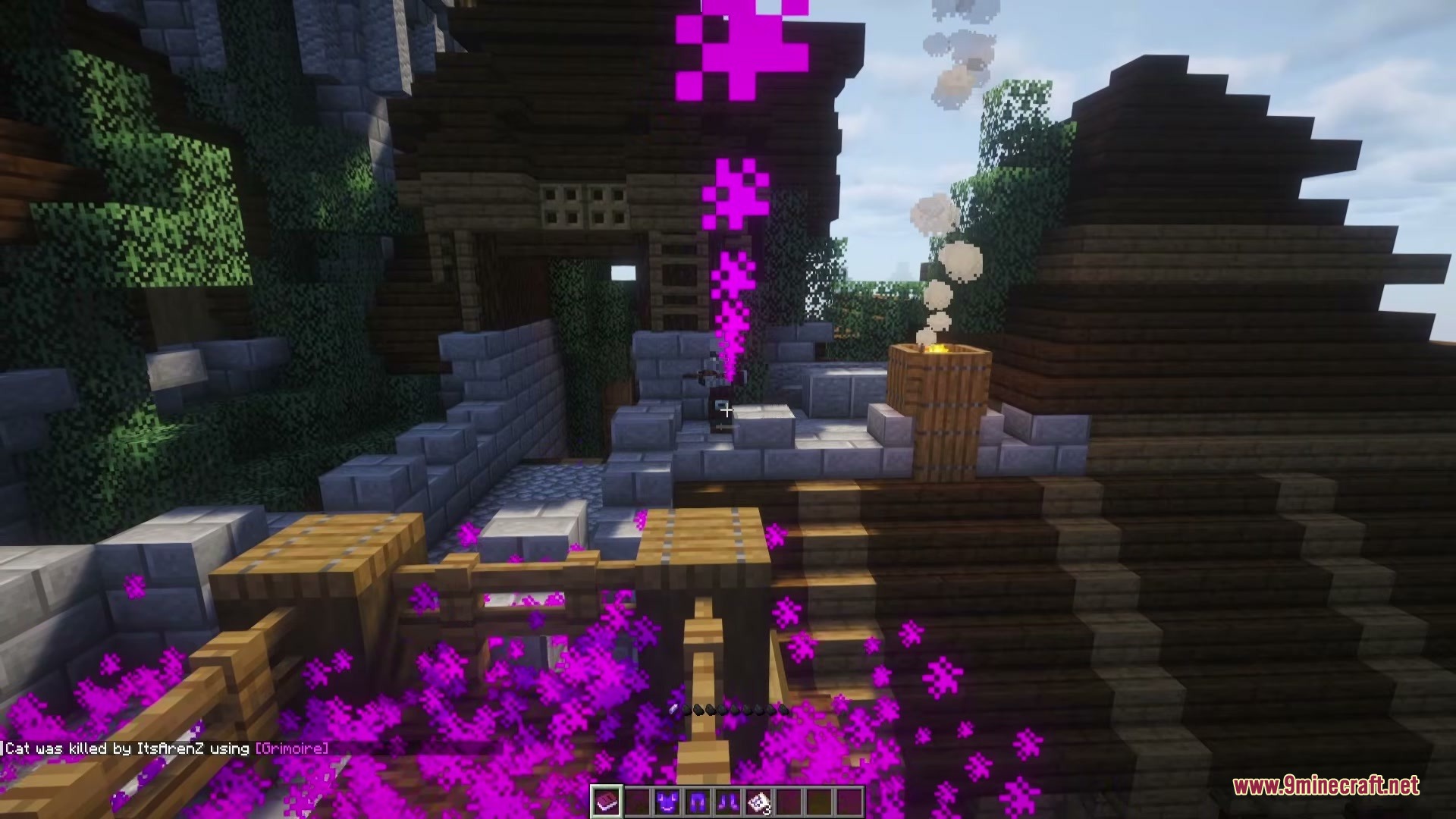 Powerful purple magic spells explode across the ground near a wooden bridge structure