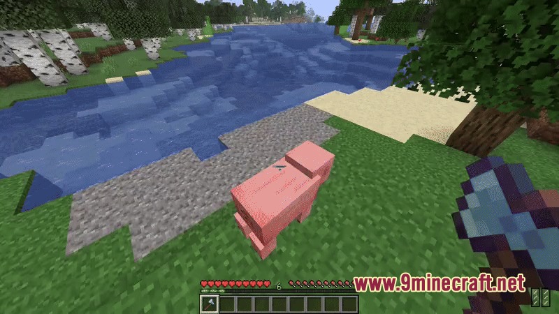 Minecraft player holding an axe while looking at a rare pink sheep
