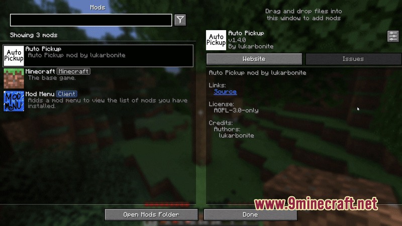 The mod menu interface showing Magnetized Loot Harvest Mod details and settings
