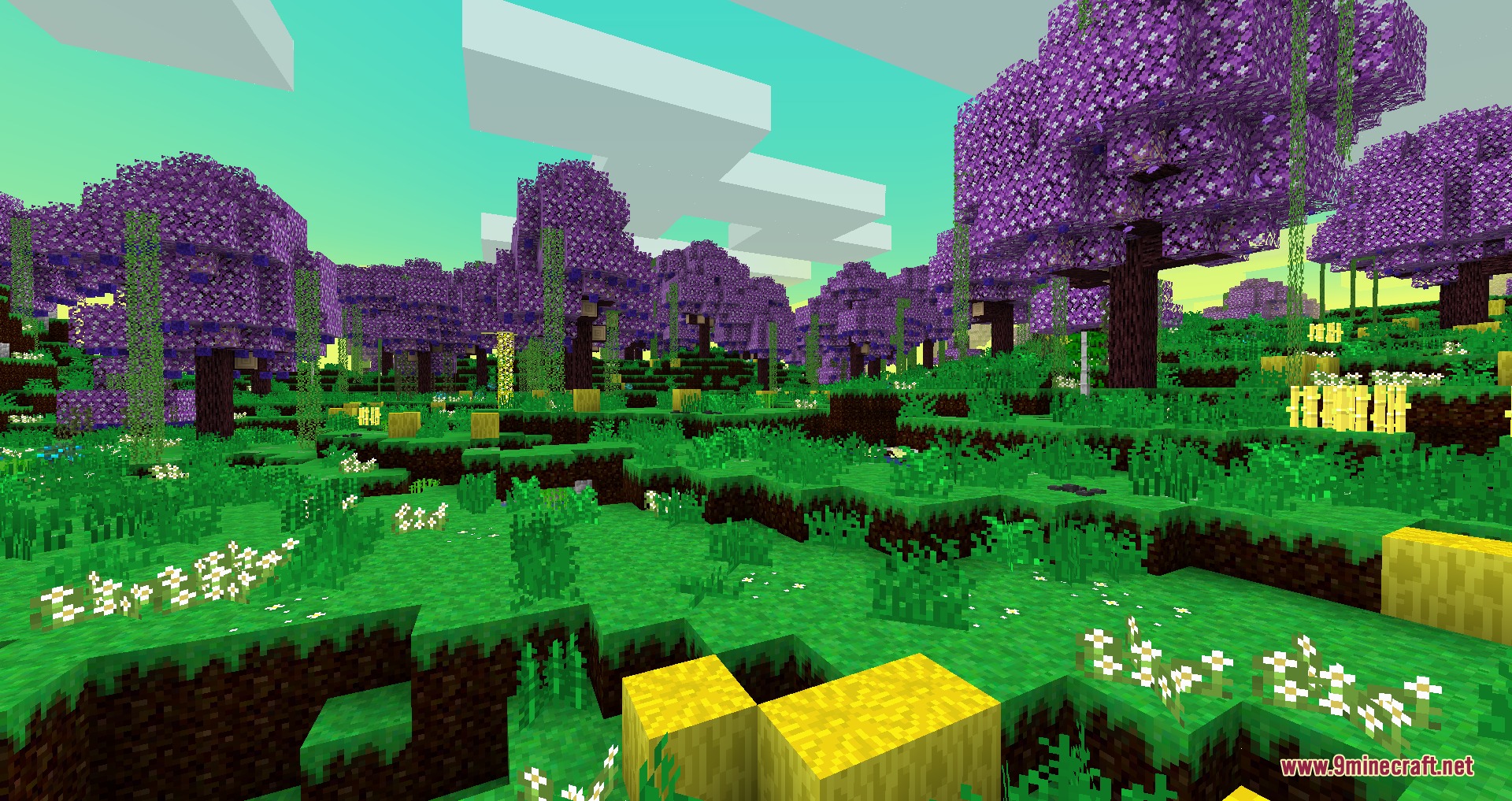 Mana Metal by 草莓龍醬 Mod Screenshot 3 A vibrant Mana Metal biome with purple trees and green grass