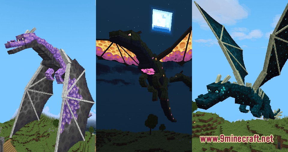 Three custom dragons with medieval designs flying over a green Minecraft landscape