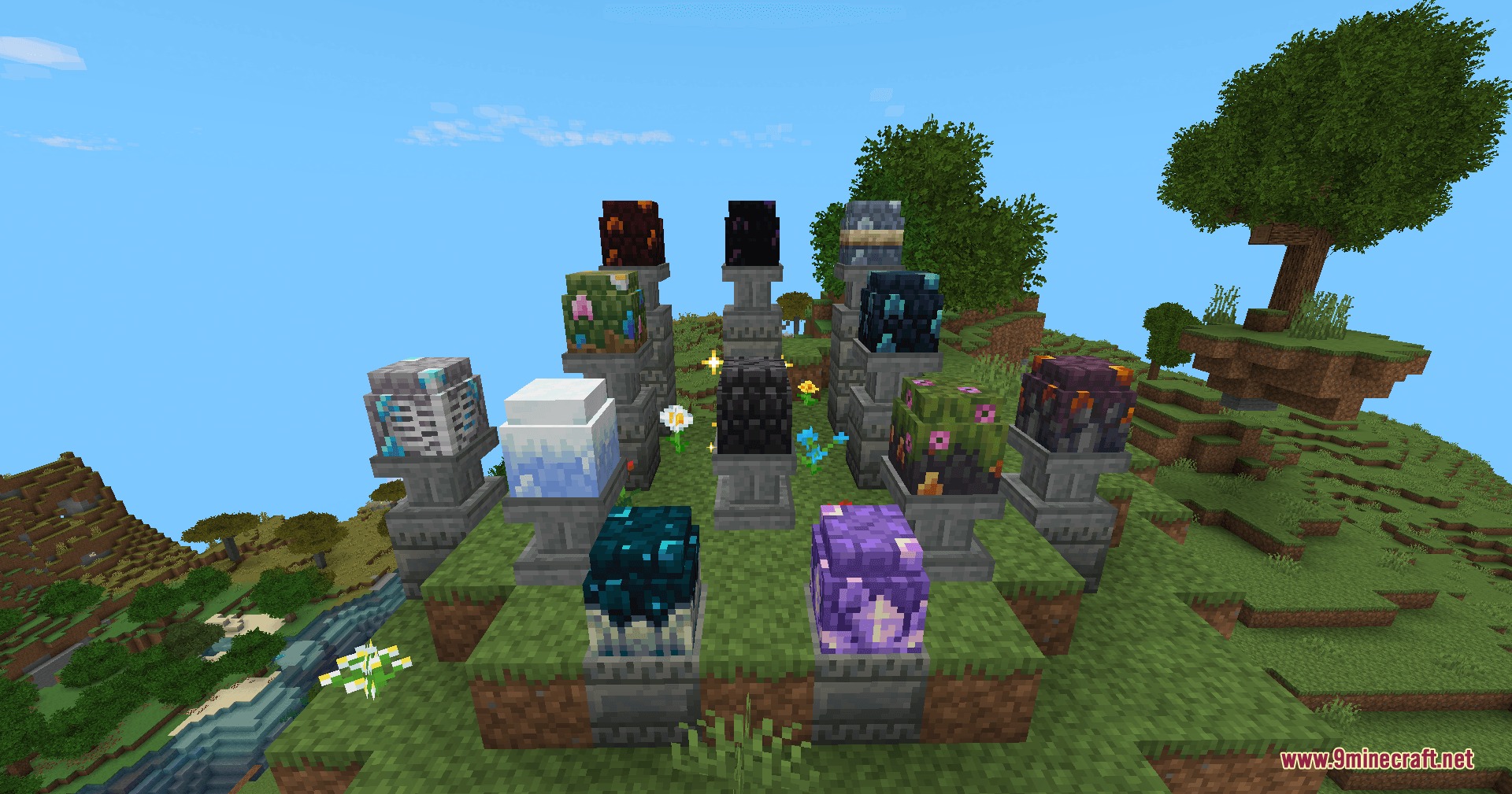 Various colorful dragon eggs displayed on stone pedestals in a grassy field