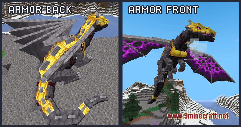 A black dragon wearing golden armor flying over a snowy landscape