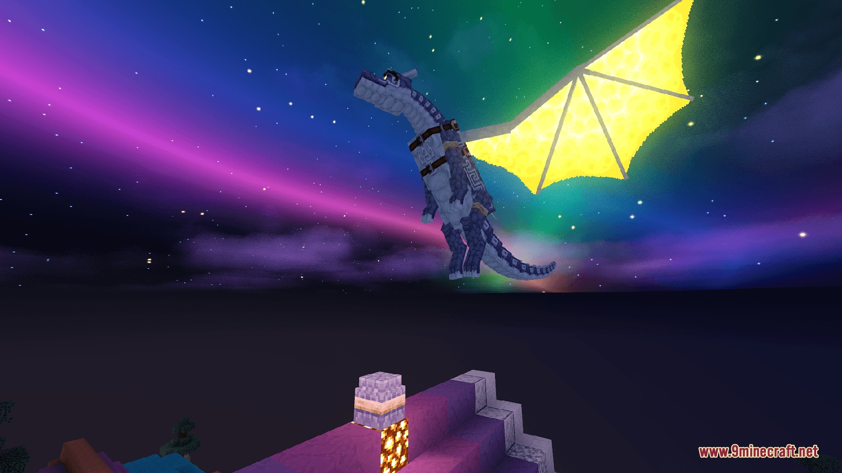 Blue dragon with glowing yellow wings flies through a colorful aurora night sky
