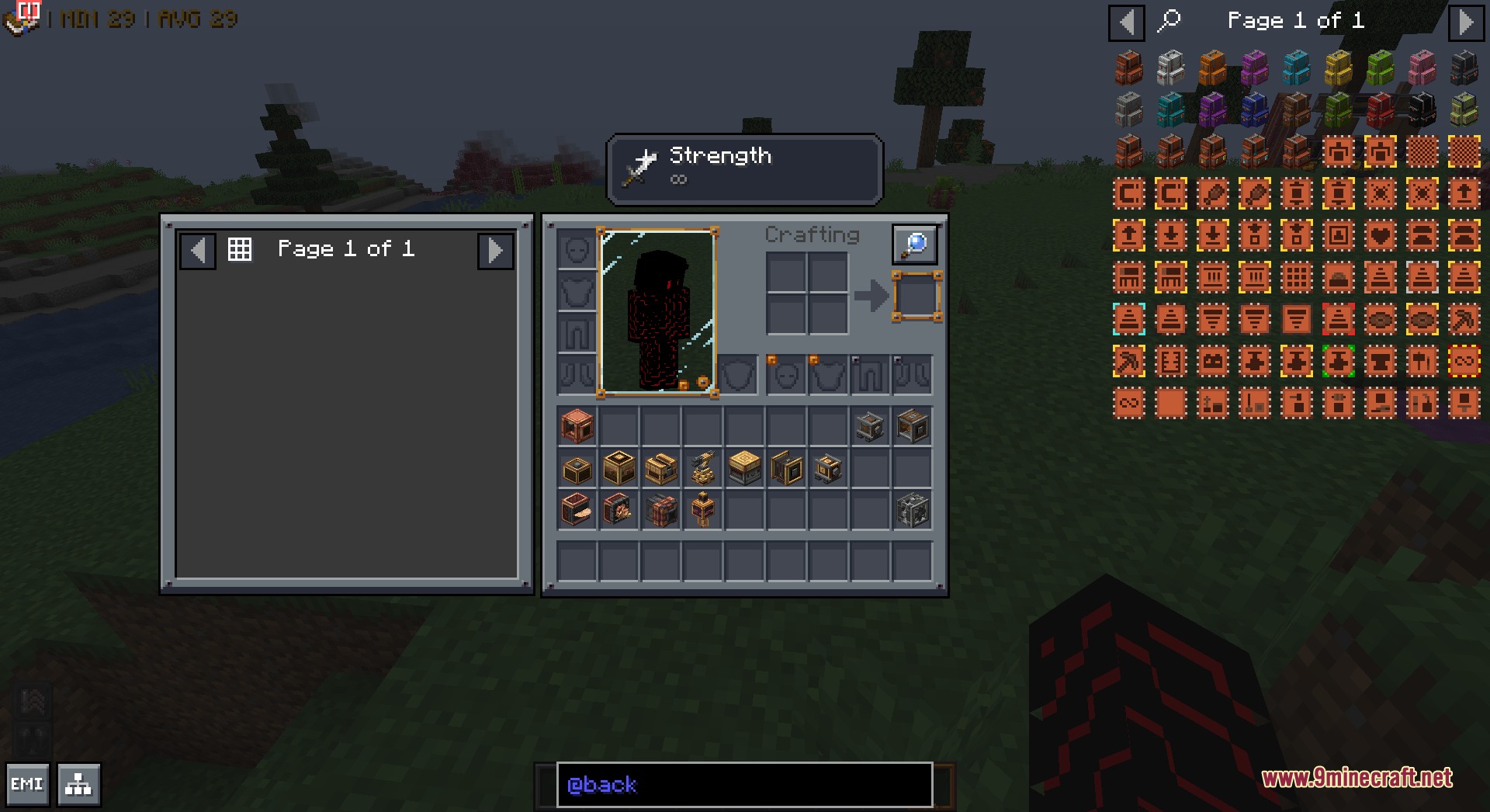 Mandala's GUI Dark Mode Utopia Extension Resource Pack Screenshot 3 A dark mode Minecraft inventory screen showing modded items and a backpack list
