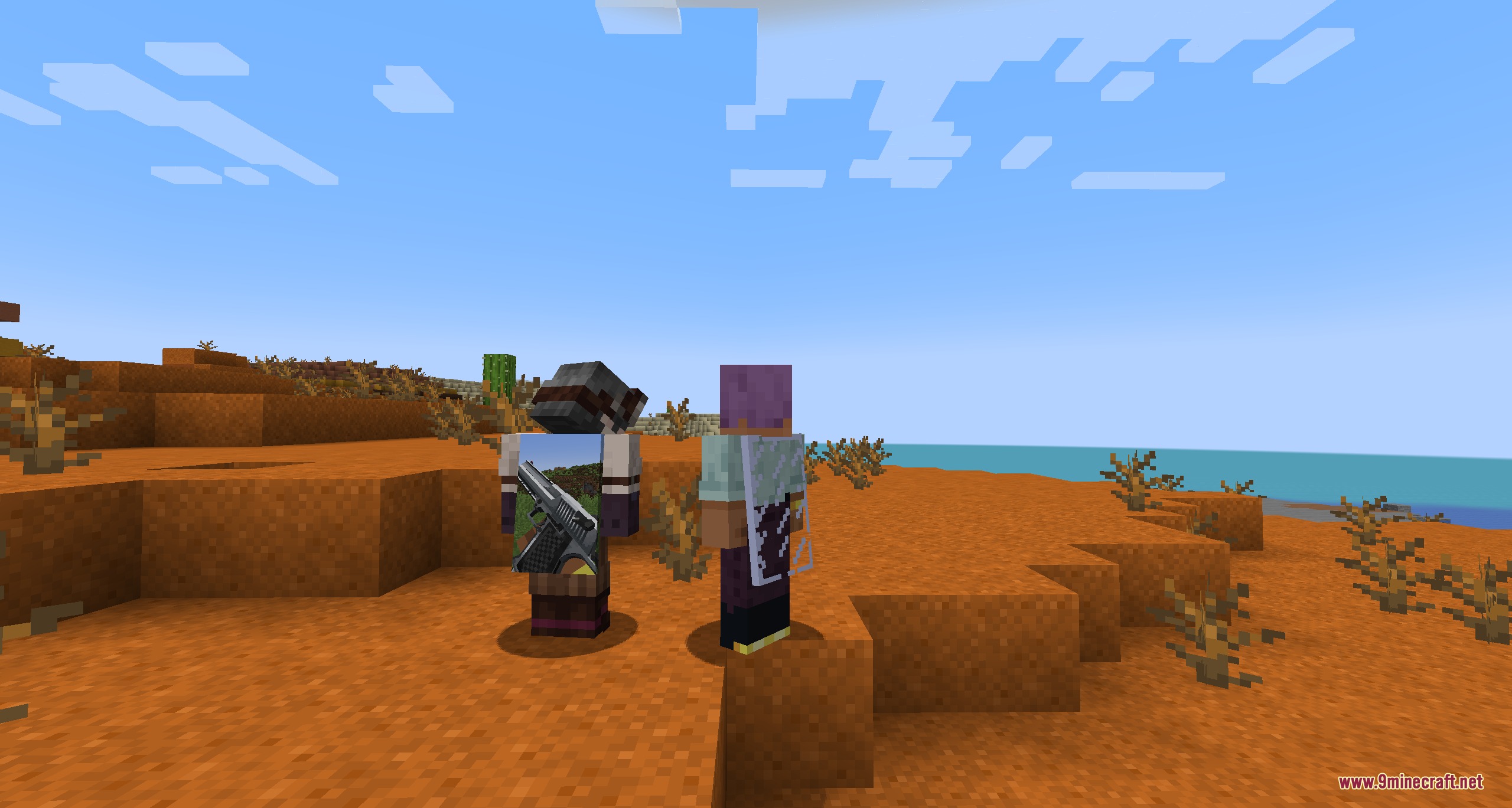 Two players showcasing different custom cape designs in a mesa landscape