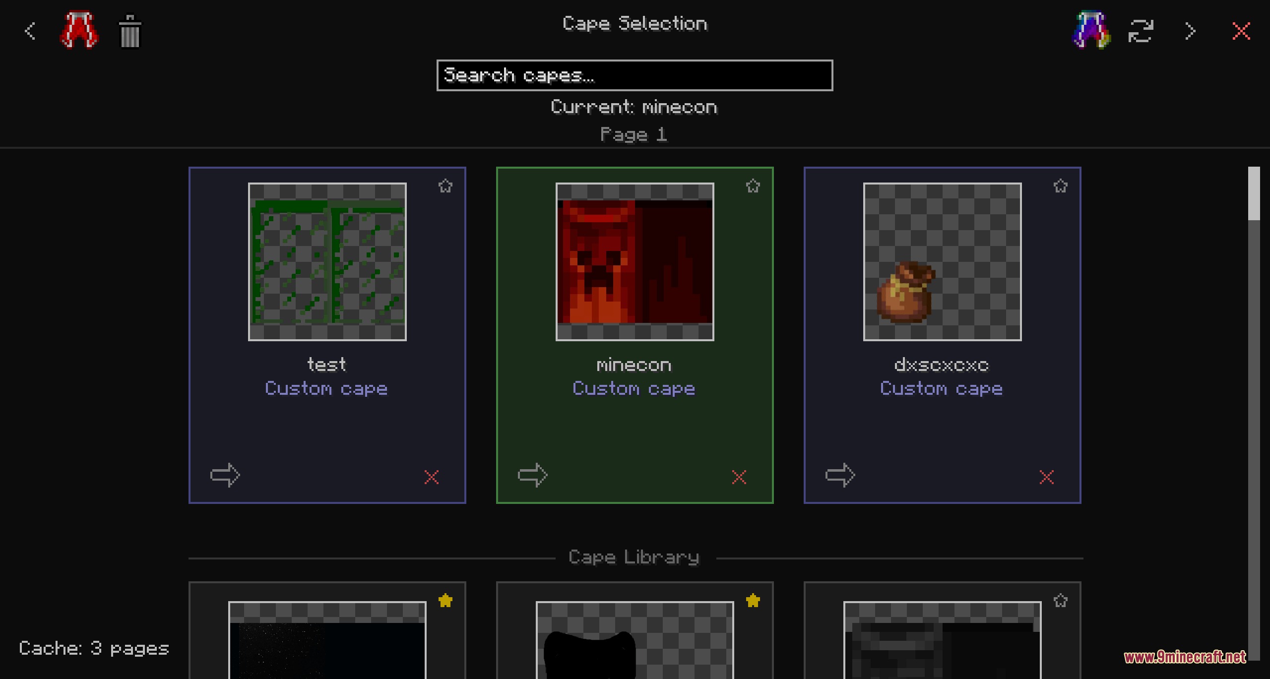 The Cape Selection menu showing a creeper cape and other custom designs