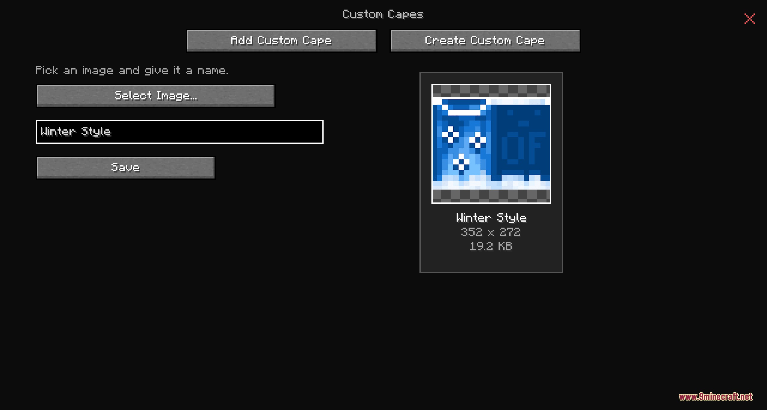 Custom cape creation menu in Mantle Vault Mod showing a blue winter design