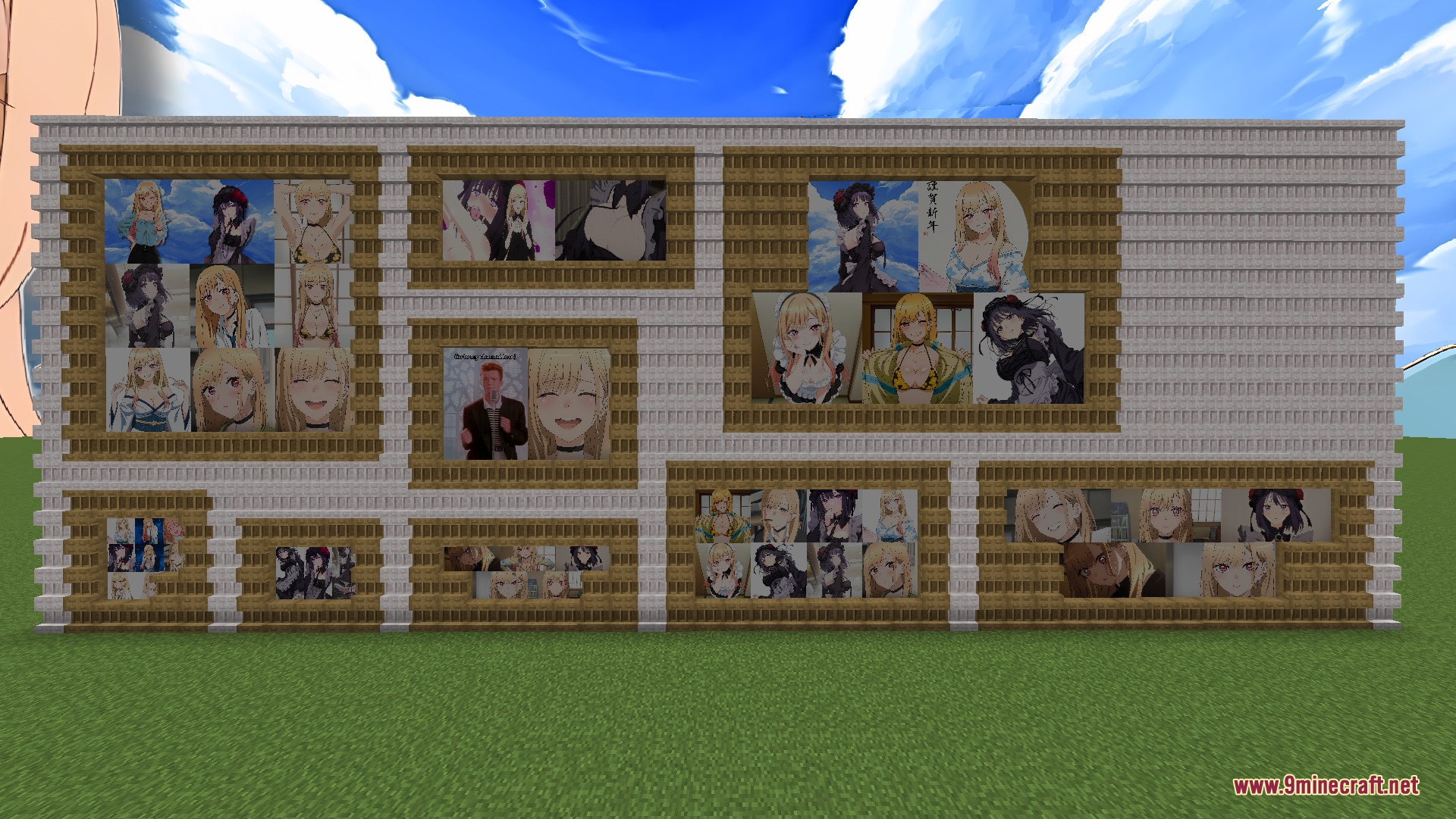 Marin Kitagawa Pack Anime Sky 4K Resource Pack Screenshot 1 Minecraft wall decorated with numerous anime paintings and a Rick Astley portrait