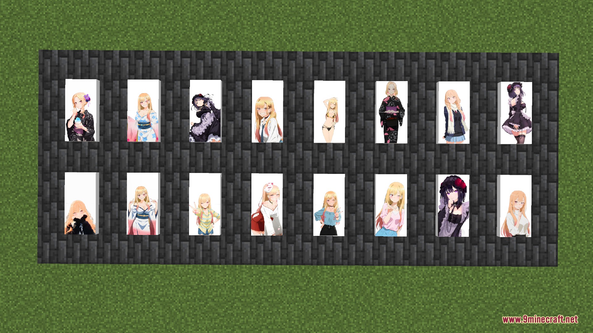 Marin Kitagawa Pack Anime Sky 4K Resource Pack Screenshot 4 Sixteen custom paintings featuring various anime character artworks on a dark wall