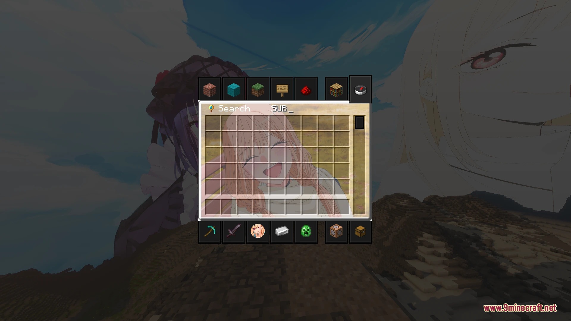 Marin Kitagawa Pack Anime Sky 4K Resource Pack Screenshot 5 Custom Minecraft creative menu featuring an anime character background and themed interface icons