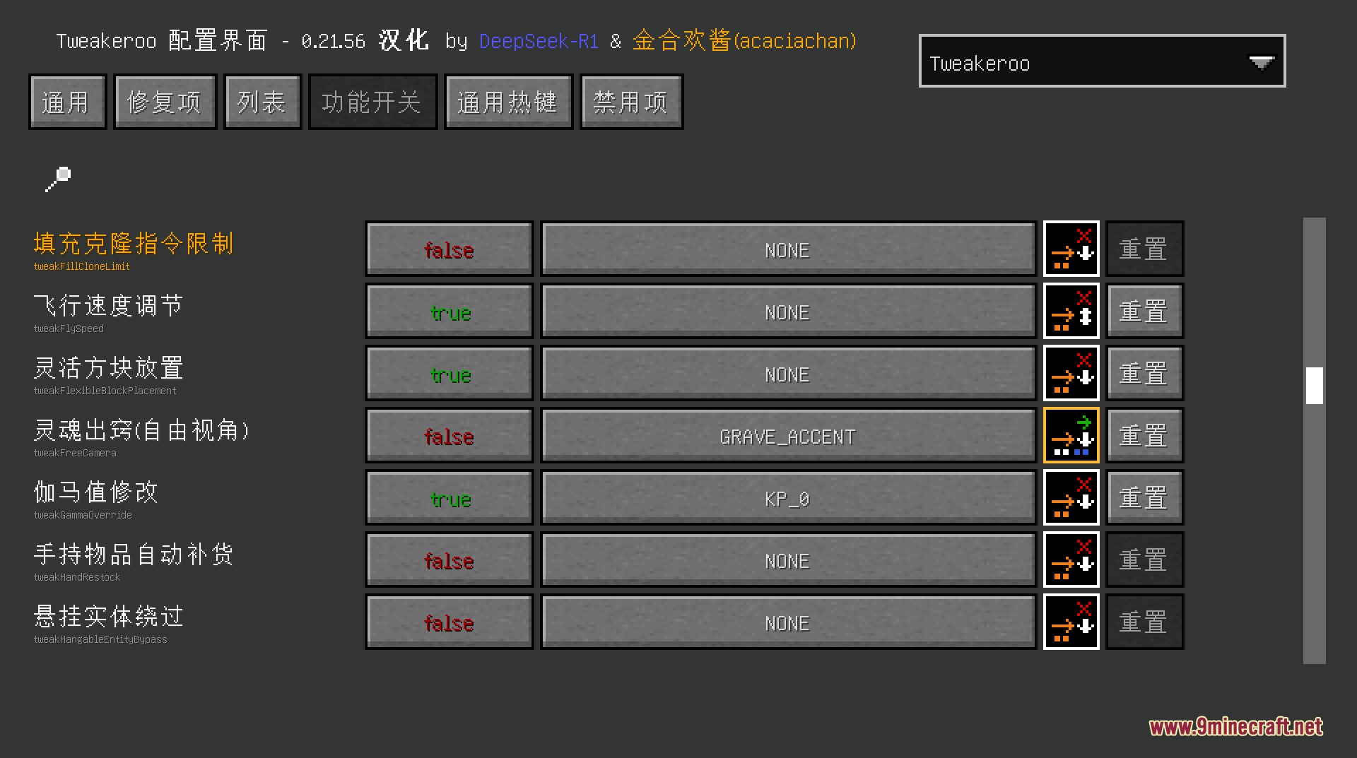 Masa Mod Translation Resource Pack Screenshot 3 Tweakeroo configuration menu with Chinese text for various client side tweaks
