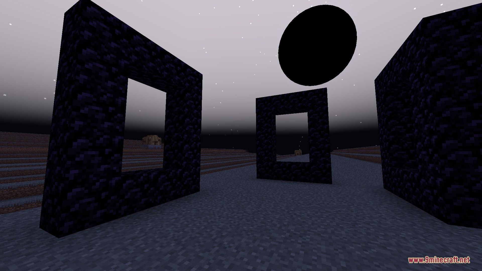 Masks N Glory Mod Screenshot 1 Obsidian portal frames stand in the glitched Farlands under a mysterious black sun