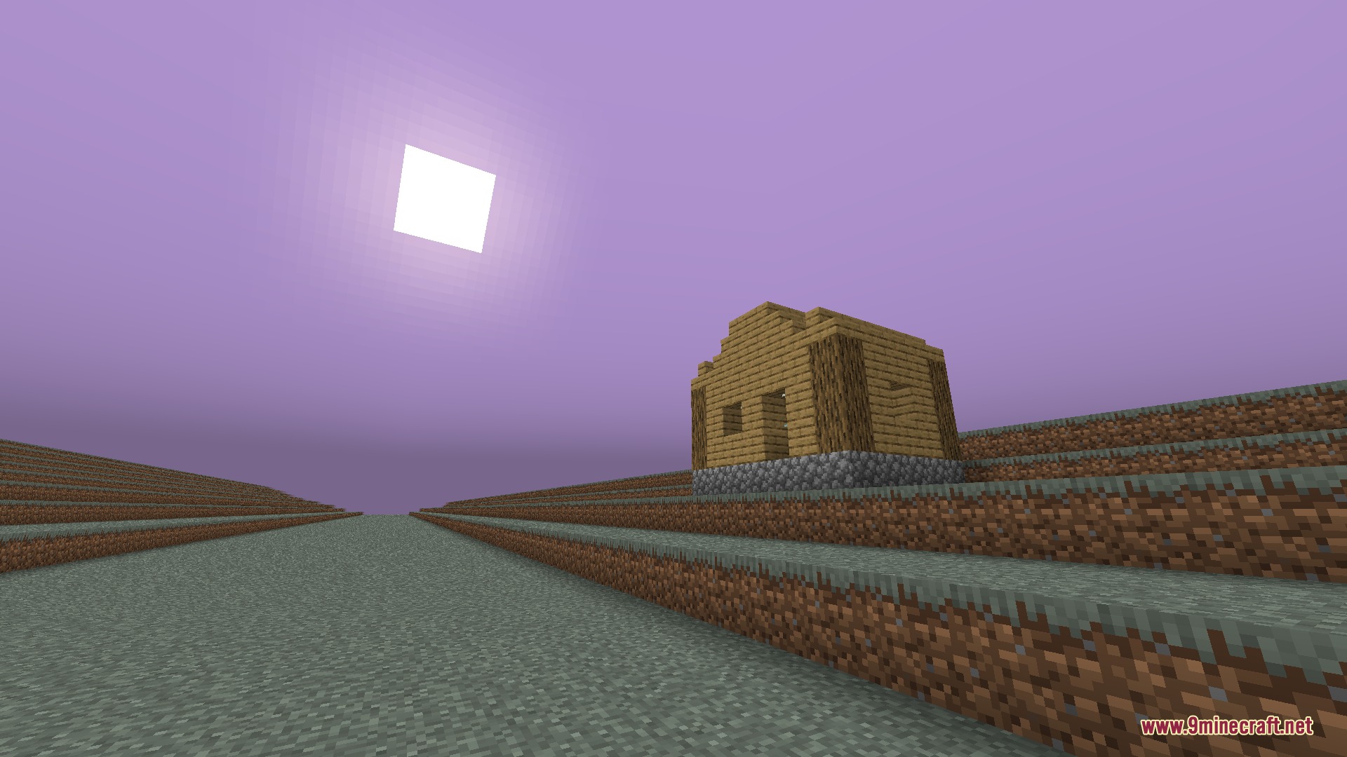 Masks N Glory Mod Screenshot 2 A wooden house built on terraced ground under a bright purple sky