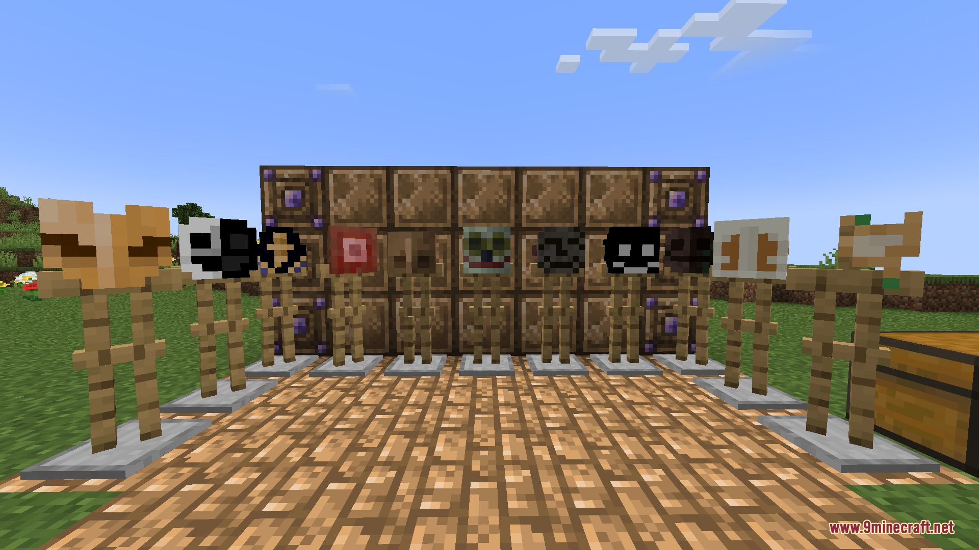 Masks N Glory Mod Screenshot 3 Armor stands showcasing unique magic masks from the Masks N Glory mod