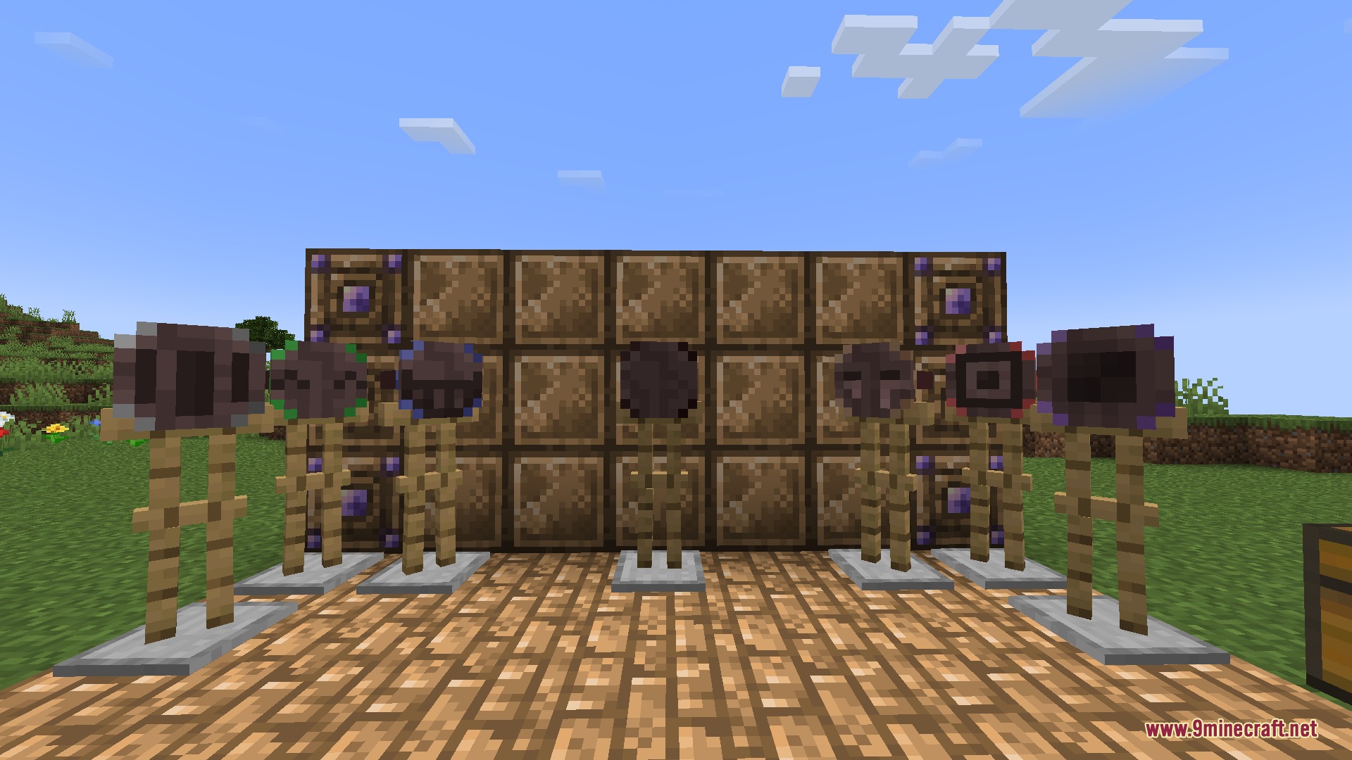Masks N Glory Mod Screenshot 4 A row of armor stands showing different circular masks against a wall