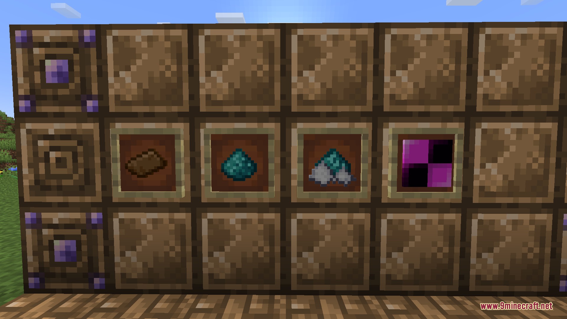 Masks N Glory Mod Screenshot 6 Item frames displaying various artifact pieces and materials on a block wall