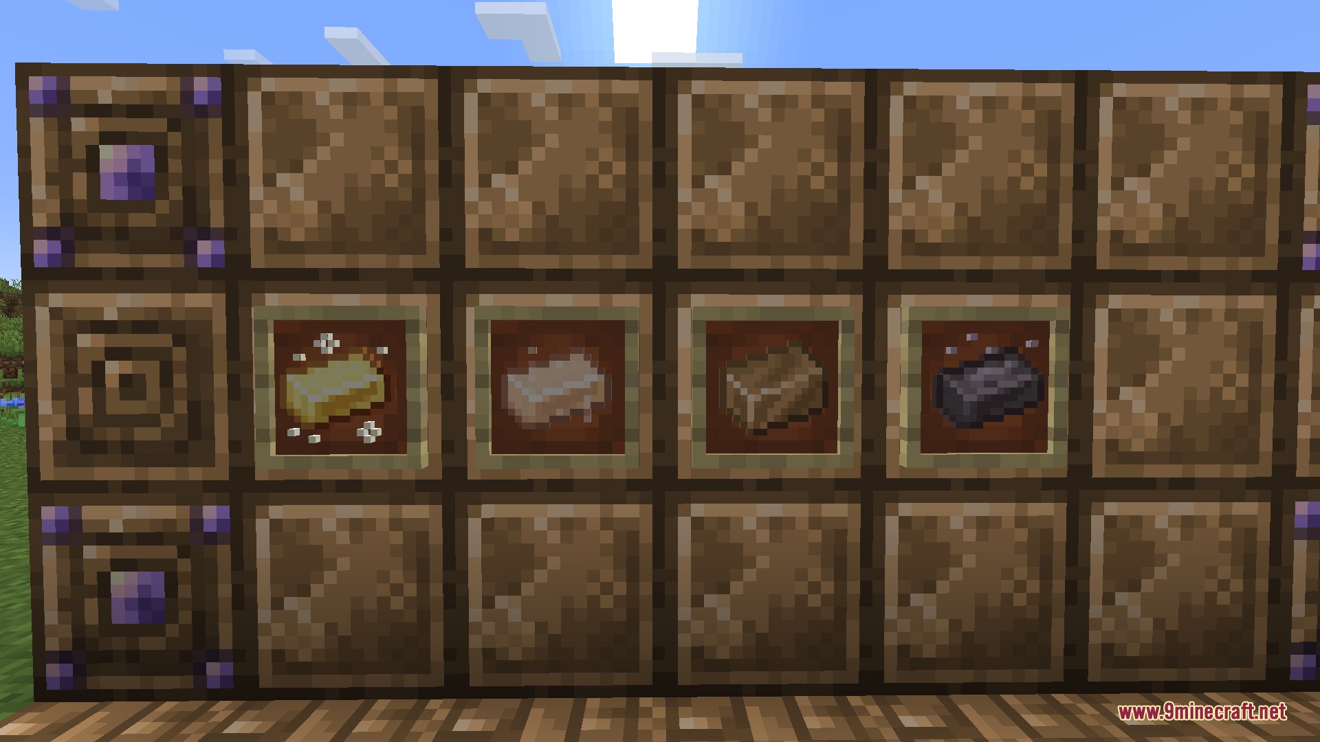 Masks N Glory Mod Screenshot 7 A display of various metal ingots and decorative blocks on a wooden wall