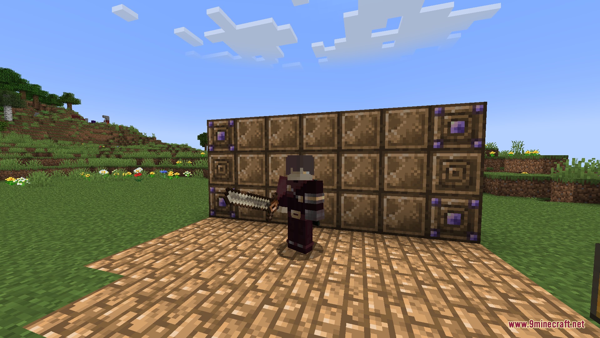 Masks N Glory Mod Screenshot 8 Player character wielding a Pale Bone Alloy Saber in front of a decorative wall