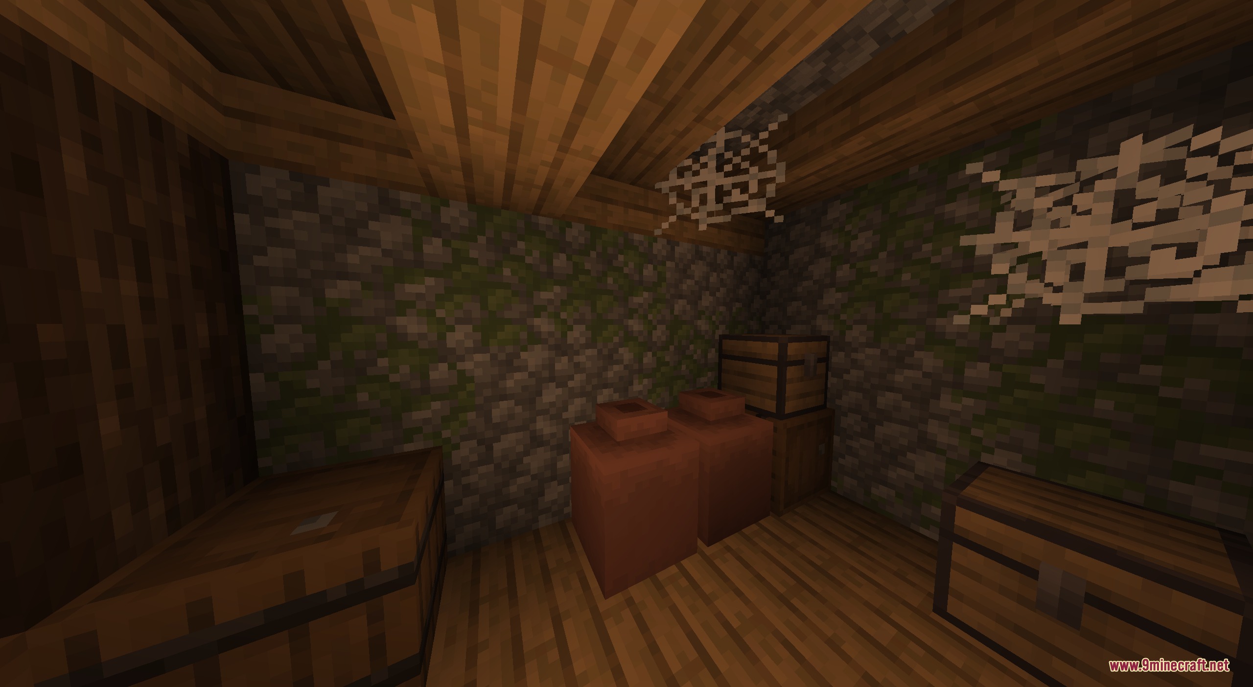 Matcha Block Overlays Resource Pack Screenshot 2 Mossy cobblestone walls blending seamlessly with wooden planks inside a dark storage room