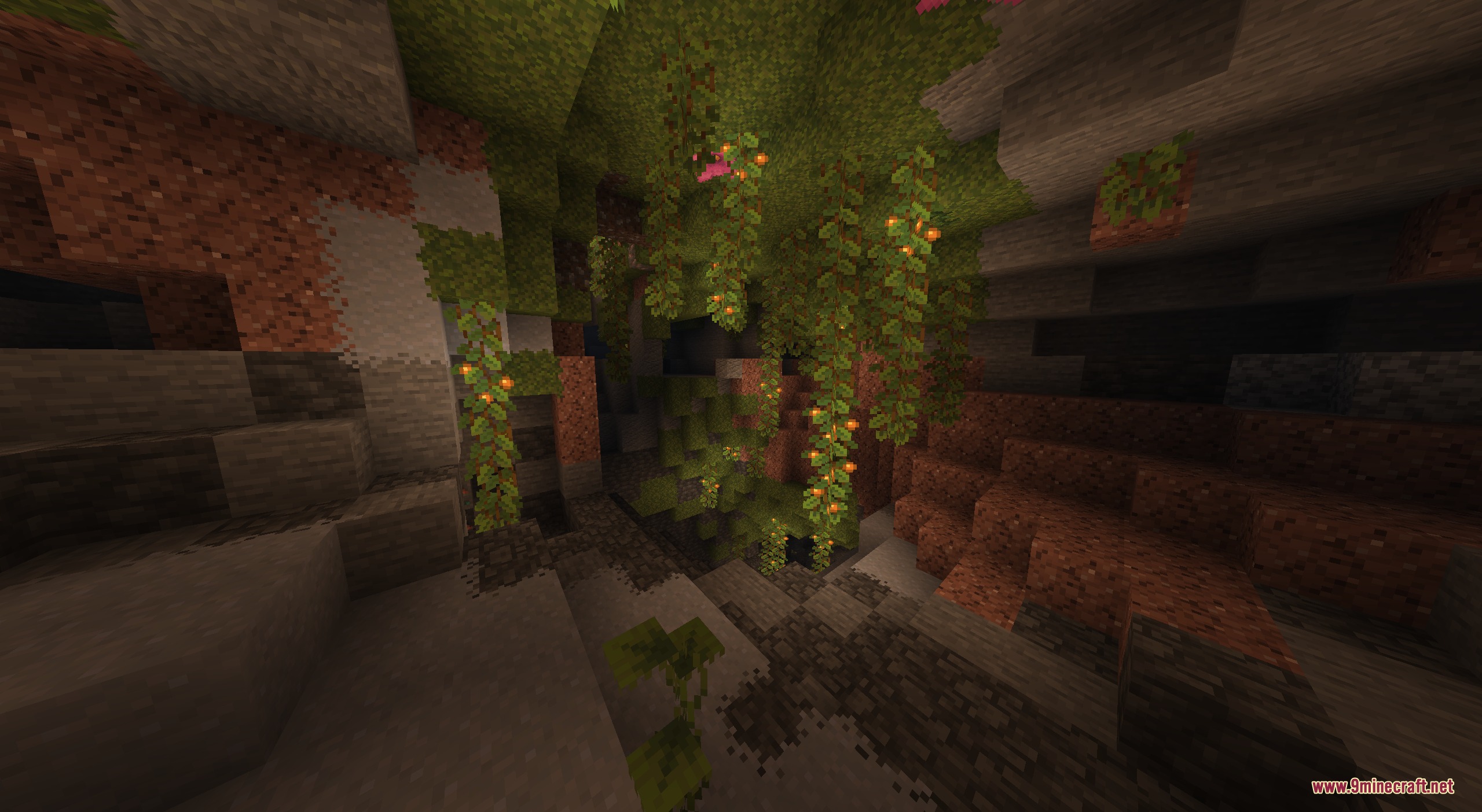 Matcha Block Overlays Resource Pack Screenshot 3 Lush cave featuring hanging glow berries and blended mossy stone block textures