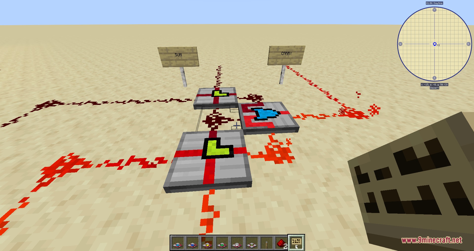 Advanced redstone logic blocks forming a binary adder in a desert biome