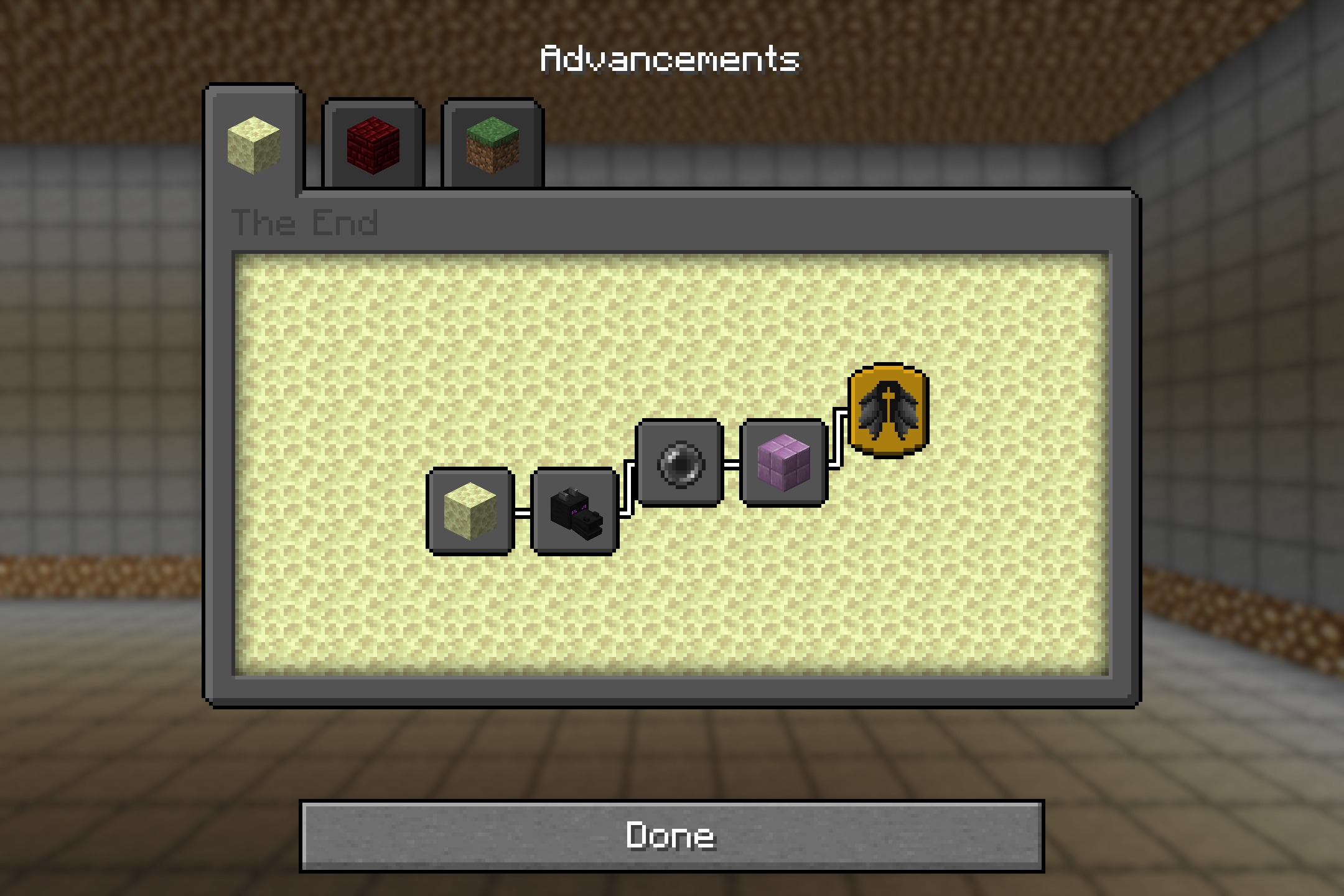 Matralys 16x Resource Pack Screenshot 2 The End dimension advancements screen displays various icons within a dark gray interface