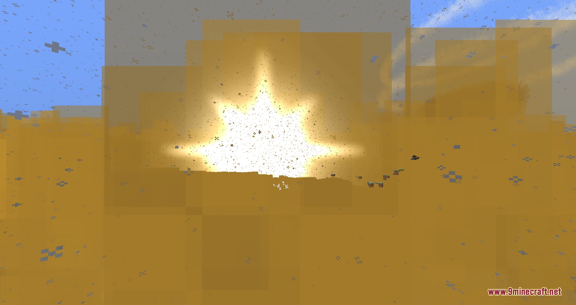 Mcheli Overdrive Loader Mod Screenshot 3 A massive explosion creates bright light and orange particles in Minecraft