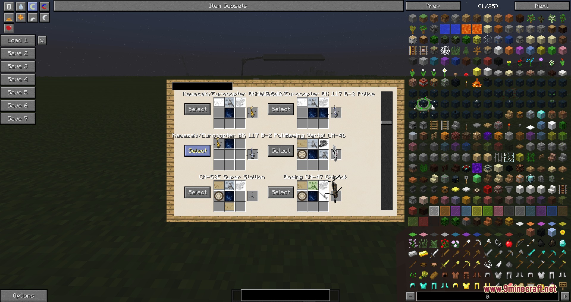 Mcheli Overdrive Loader Mod Screenshot 4 Player views a drafting table menu displaying military helicopter crafting recipes