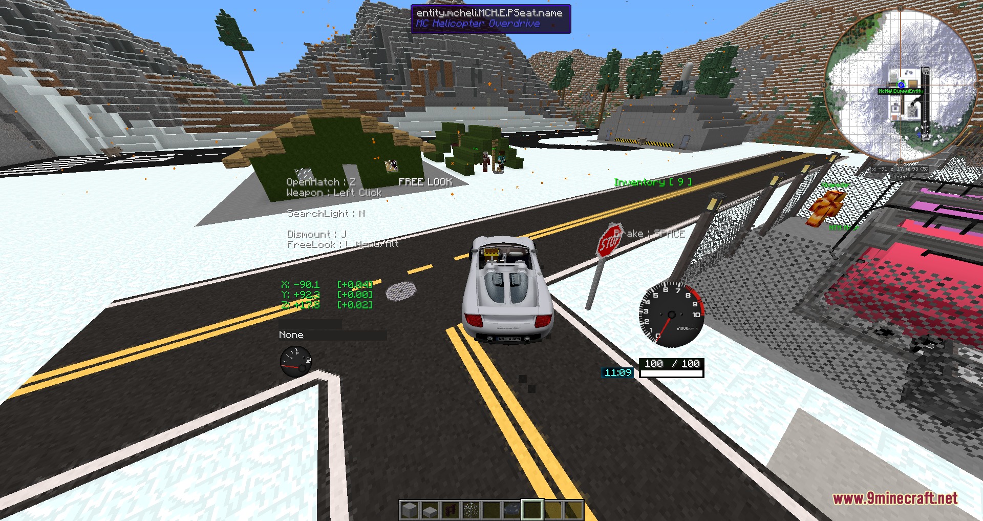 Mcheli Overdrive Loader Mod Screenshot 5 A white car driving on a road with a custom interface in Minecraft