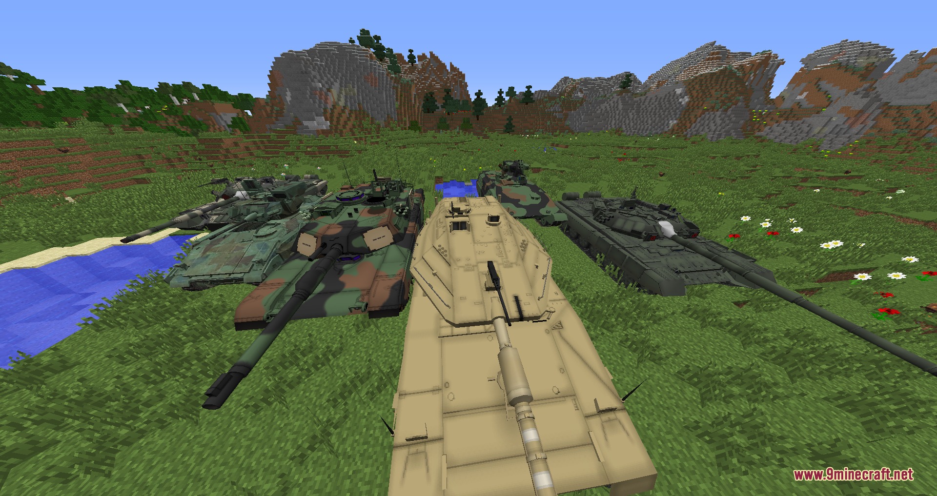Mcheli Overdrive Loader Mod Screenshot 6 Multiple realistic military tanks parked in a grassy field in a Minecraft world