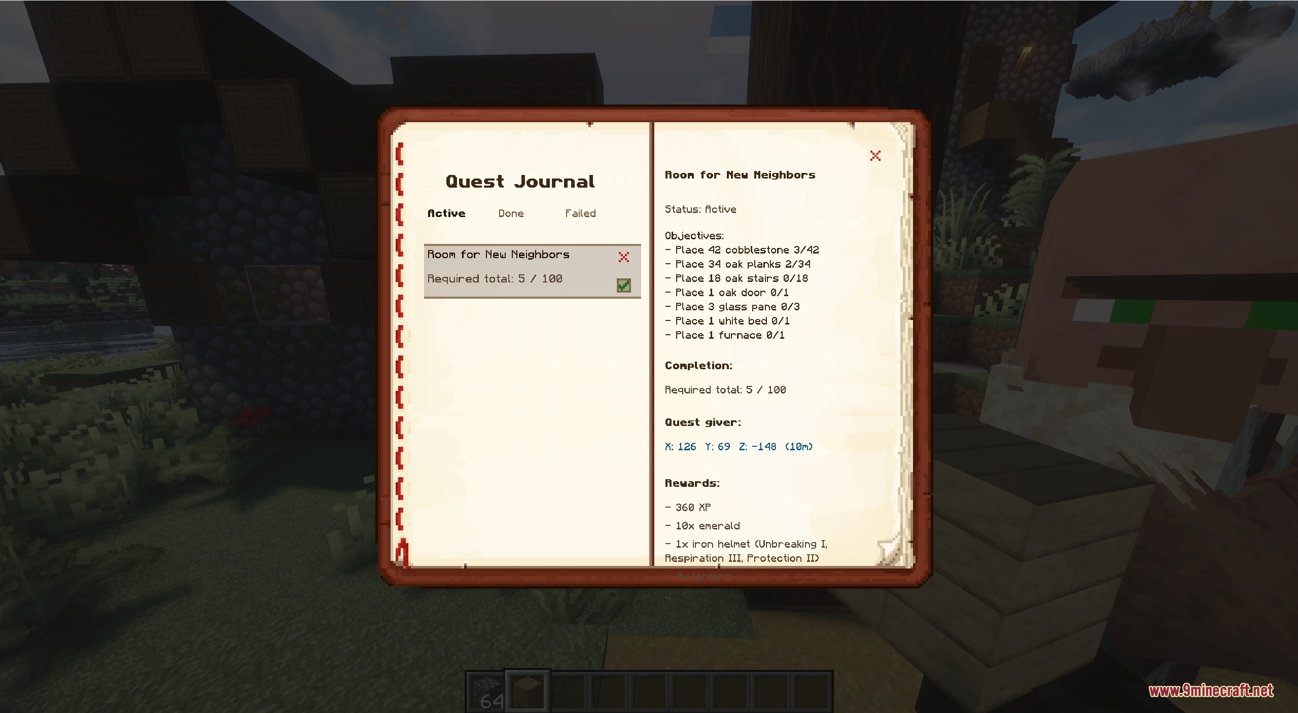 Mebahel's RPG Villager Quests and Companions Mod Screenshot 1 Mebahels RPG Villager Quests mod journal showing active tasks and rewards