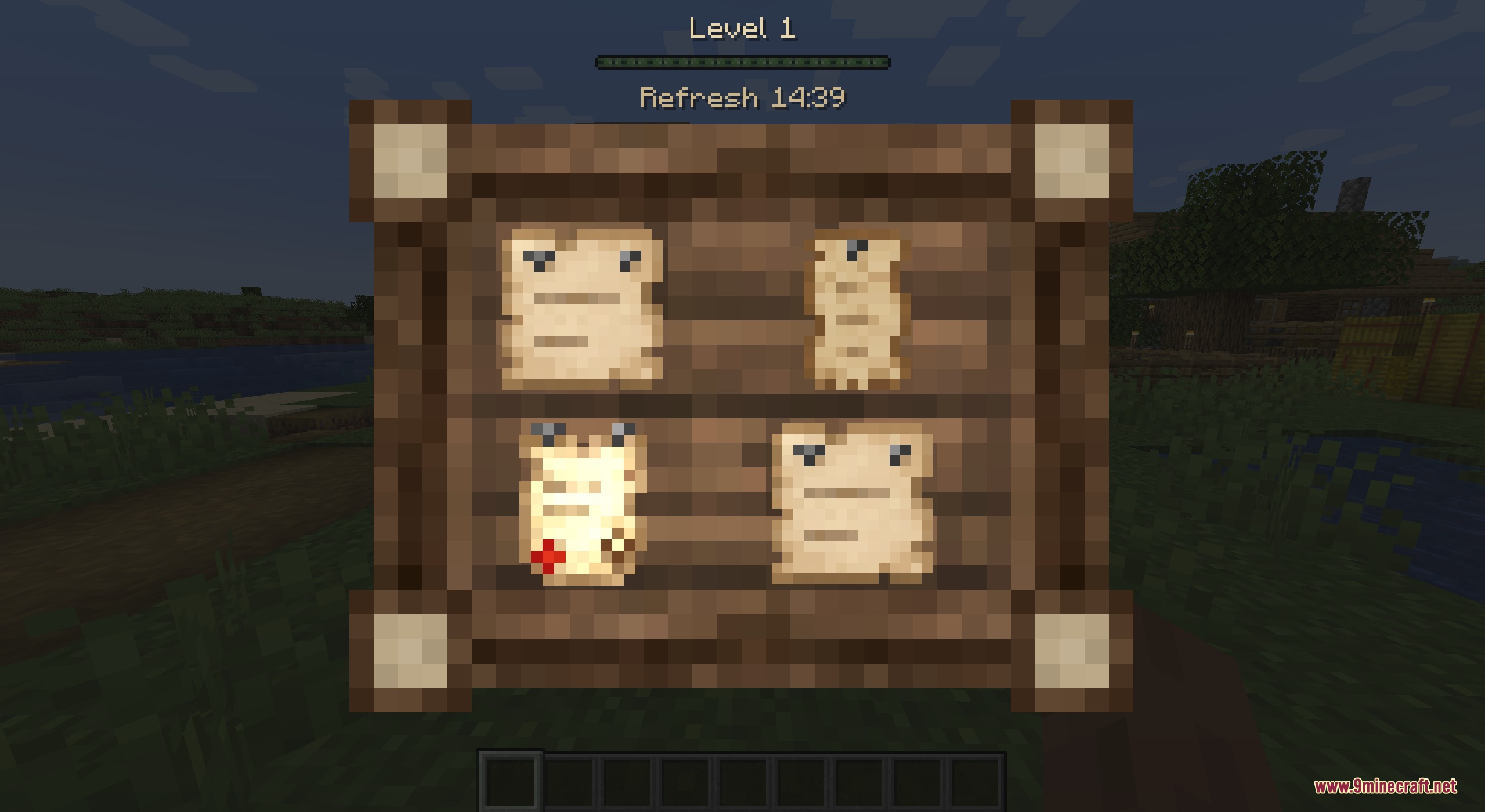 Mebahel's RPG Villager Quests and Companions Mod Screenshot 3 A wooden quest board interface showing available bounty tasks and jobs in Minecraft
