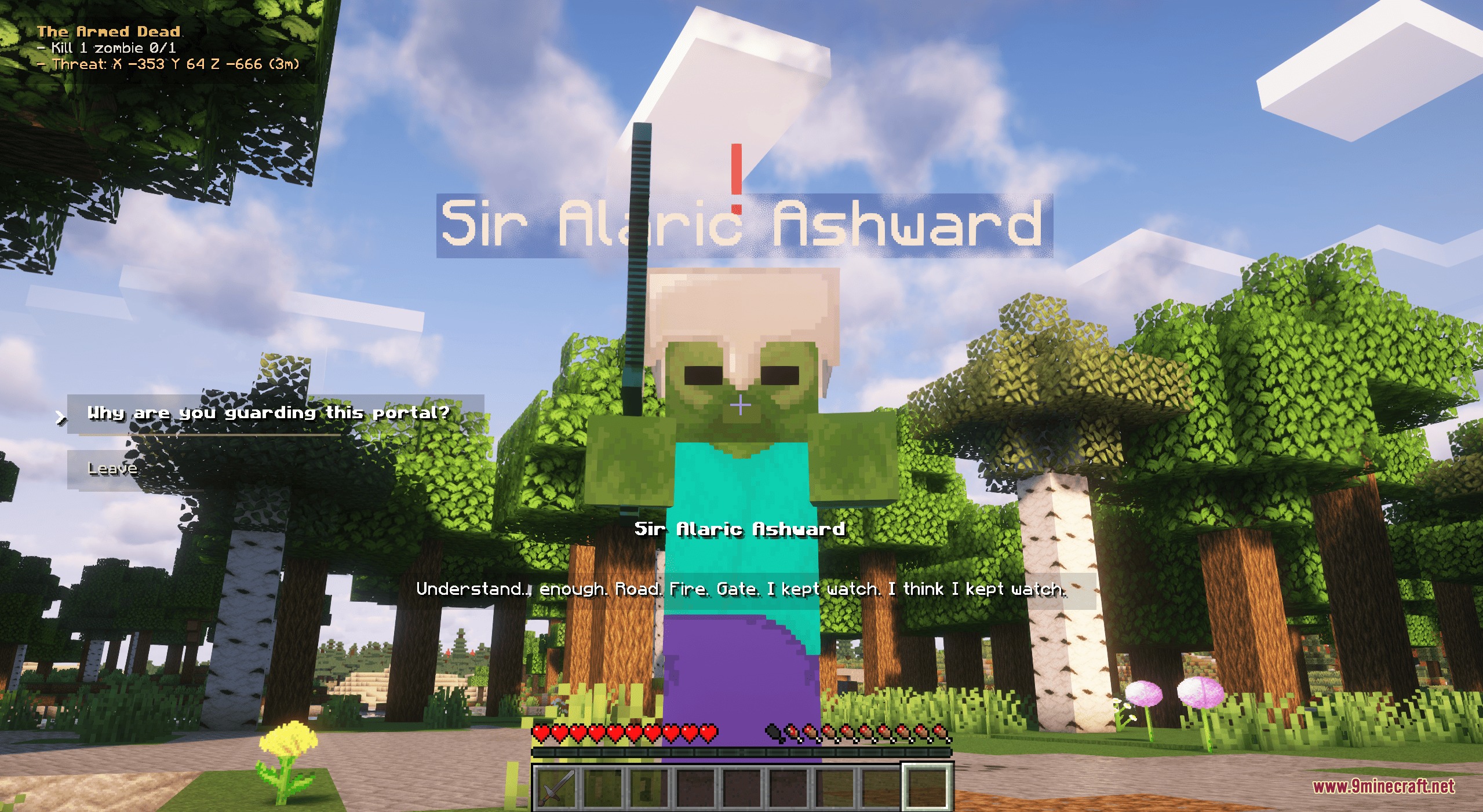 Mebahel's RPG Villager Quests and Companions Mod Screenshot 4 Player talking to a unique zombie NPC named Sir Alaric Ashward in Minecraft