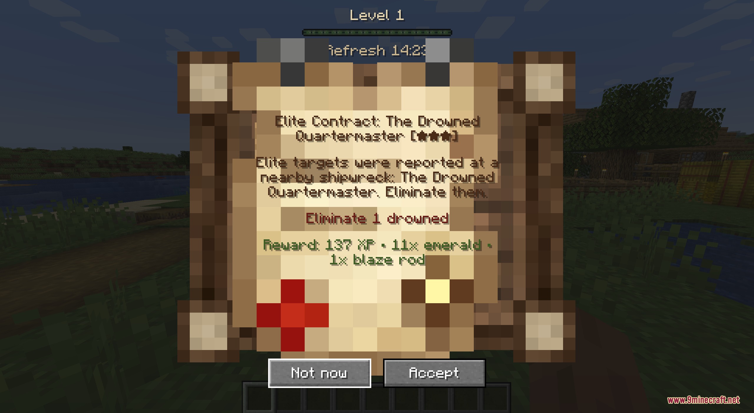 Mebahel's RPG Villager Quests and Companions Mod Screenshot 6 An elite contract board showing a mission to eliminate a drowned quartermaster