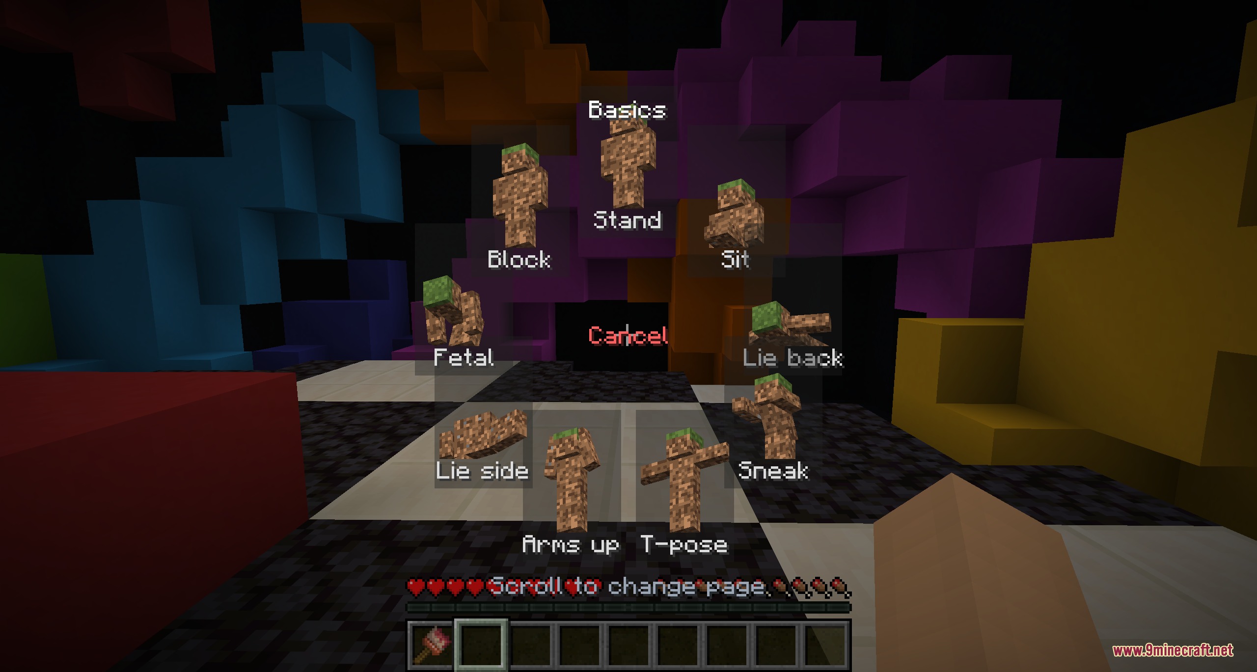 Meccha Crafteleon Mod Screenshot 4 A radial menu showing different poses for a camouflaged player in Minecraft