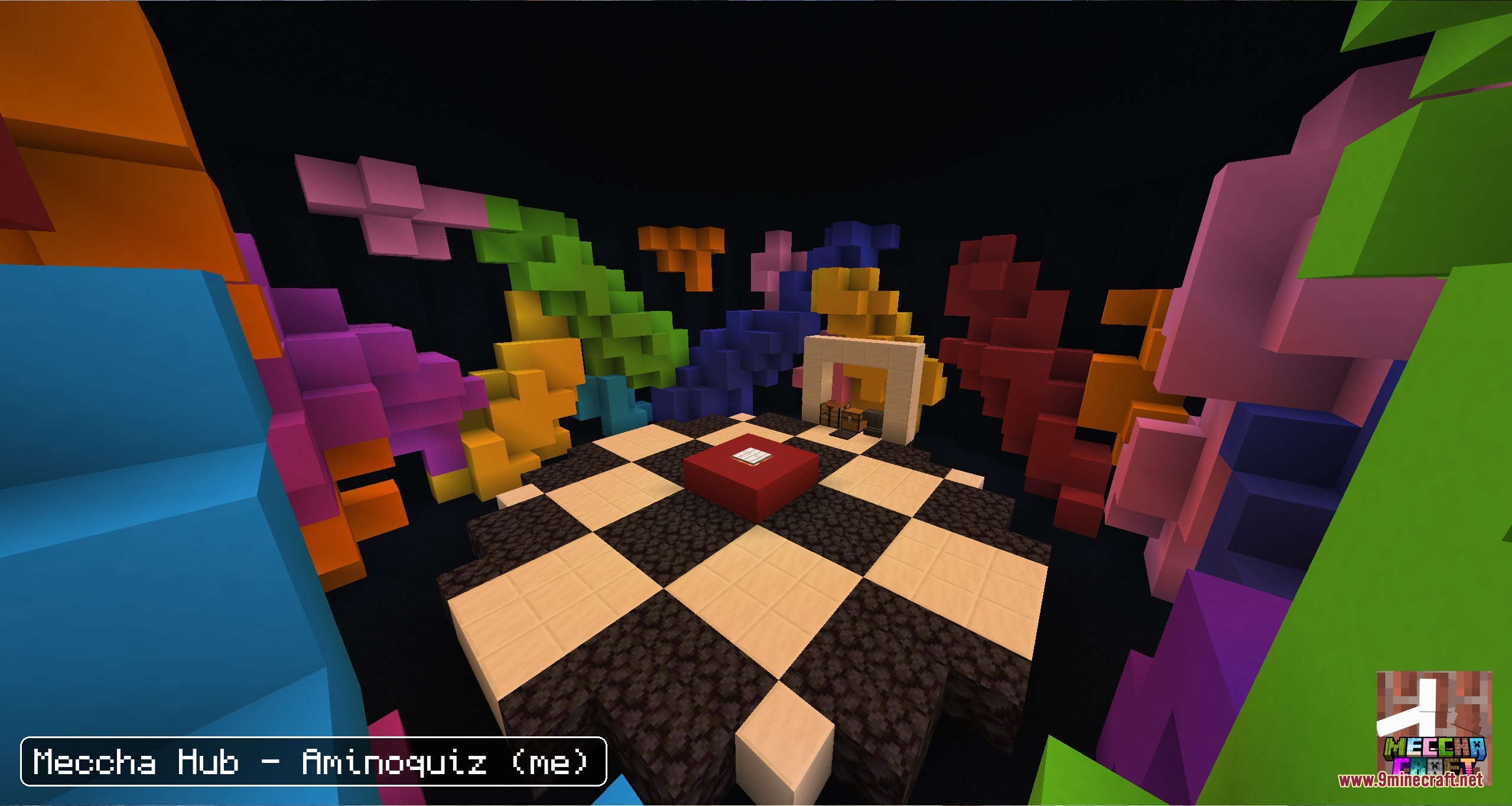 Meccha Crafteleon Mod Screenshot 8 A custom game room with a checkered floor and vibrant abstract block structures