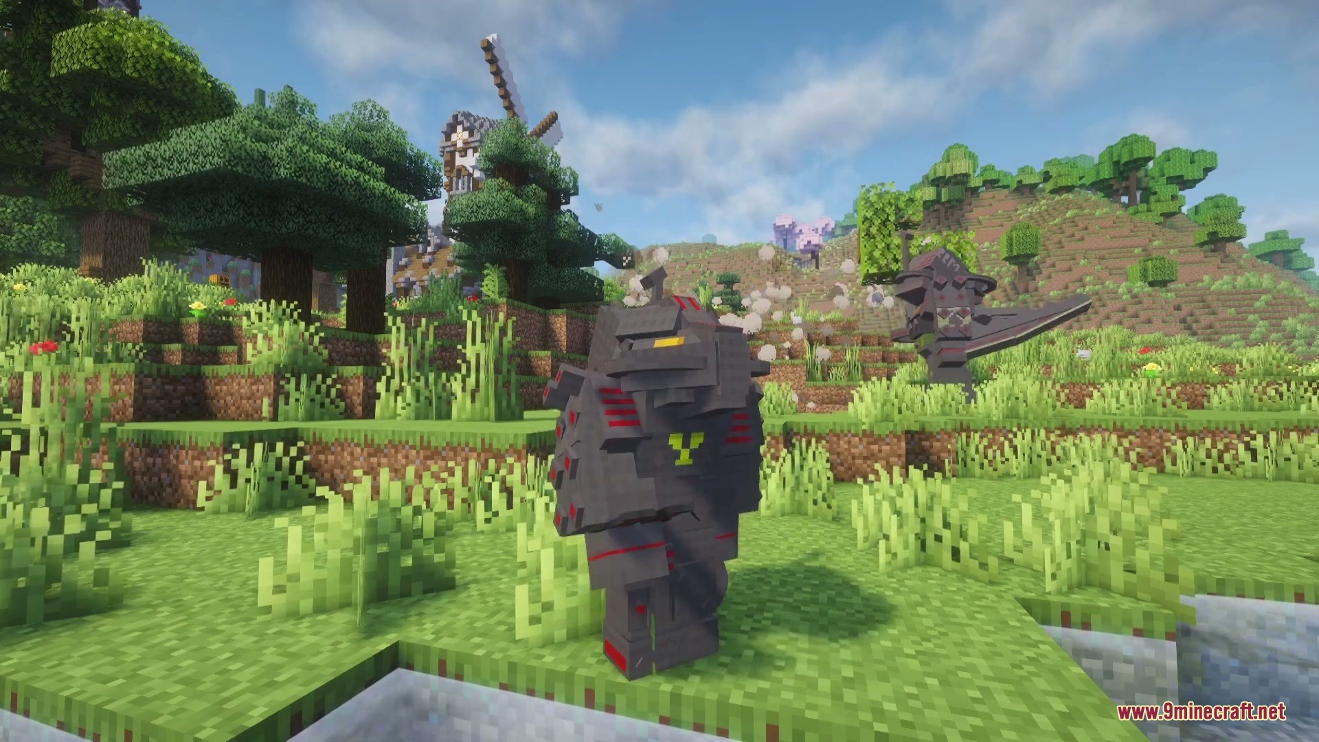 A giant robotic Mecha Pillager boss standing in a grassy Minecraft field
