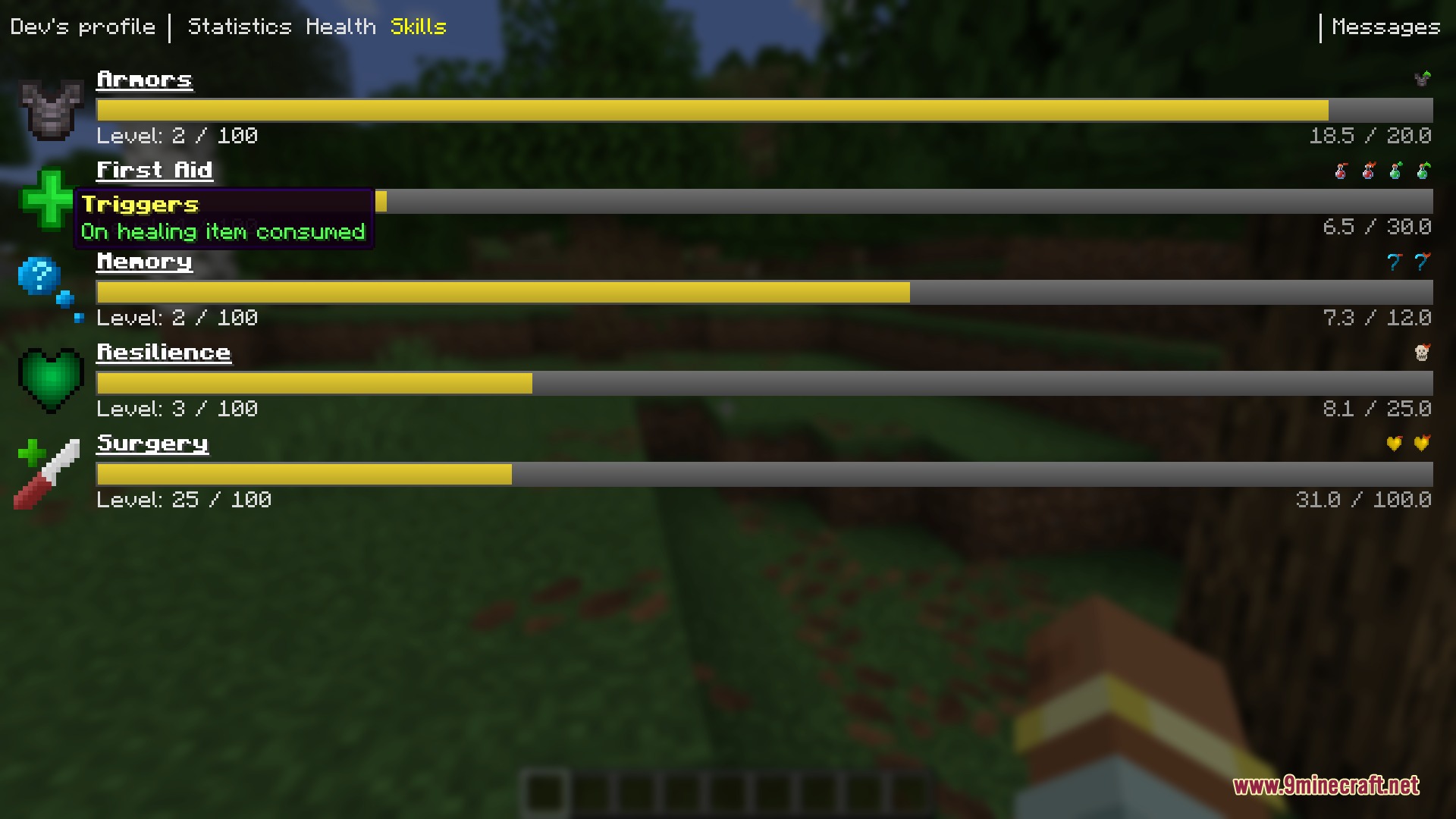 Medical System Mod Screenshot 5 The character profile screen showing progress bars for various medical survival skills