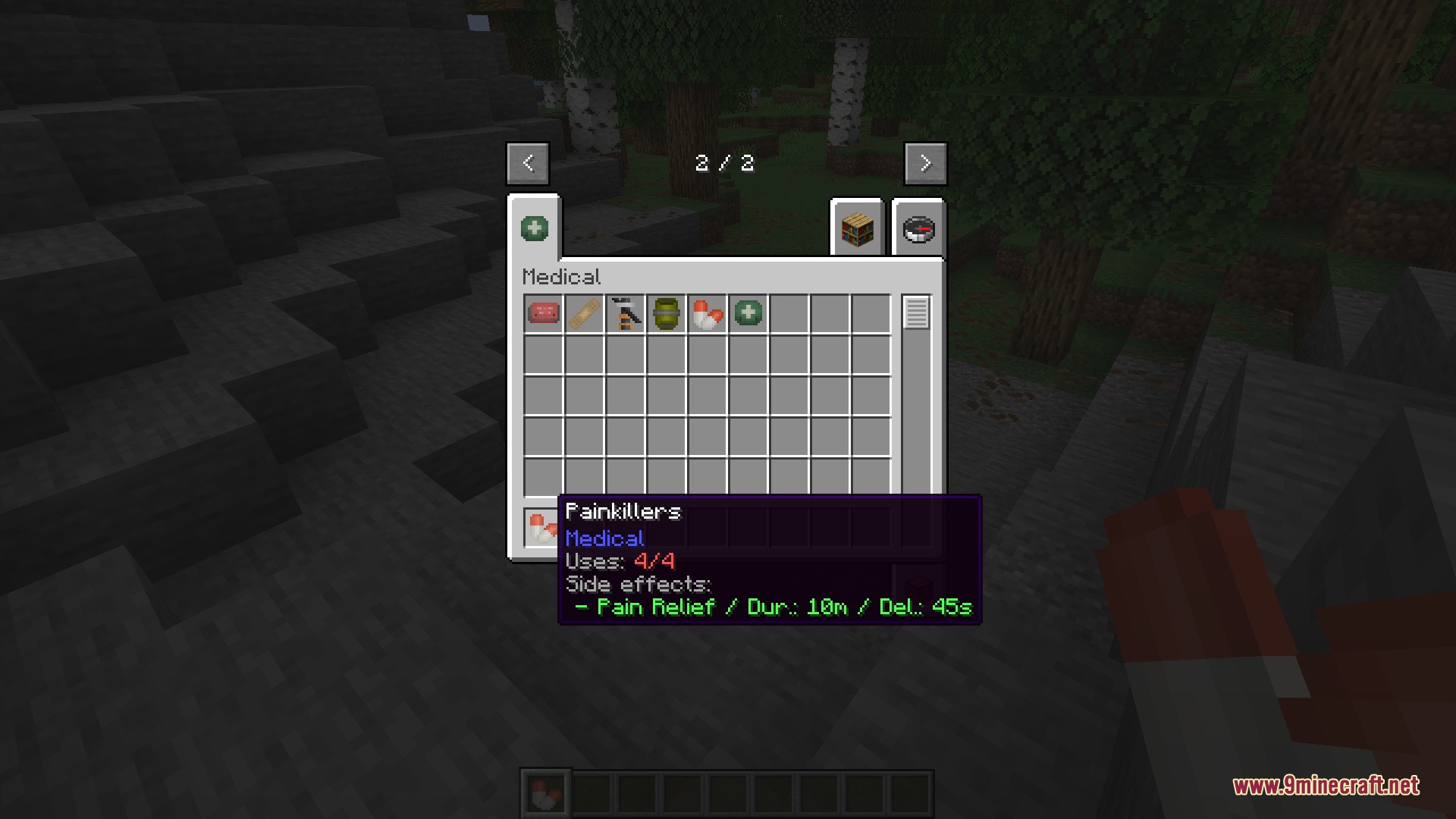 Medical System Mod Screenshot 7 Medical inventory screen showing painkillers with specific side effects and usage details
