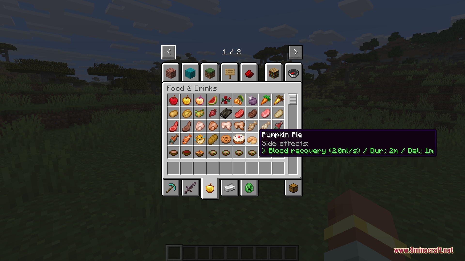 Medical System Mod Screenshot 8 Food and drinks menu displaying pumpkin pie with blood recovery status effects